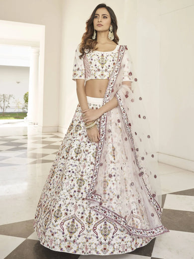 Fascinating White Embroidered Silk Party Wear Lehenga Choli